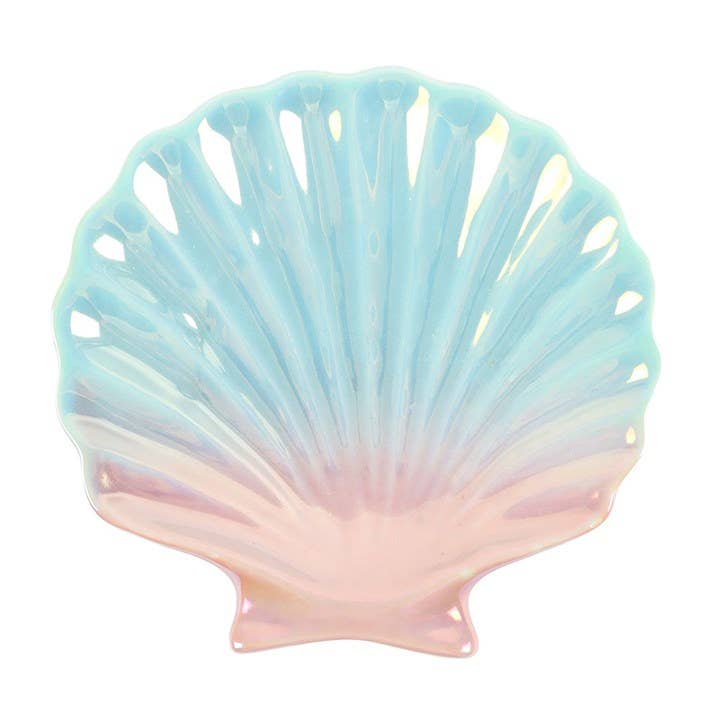 Close-up of iridescent shell dish showing shimmering pastel glaze