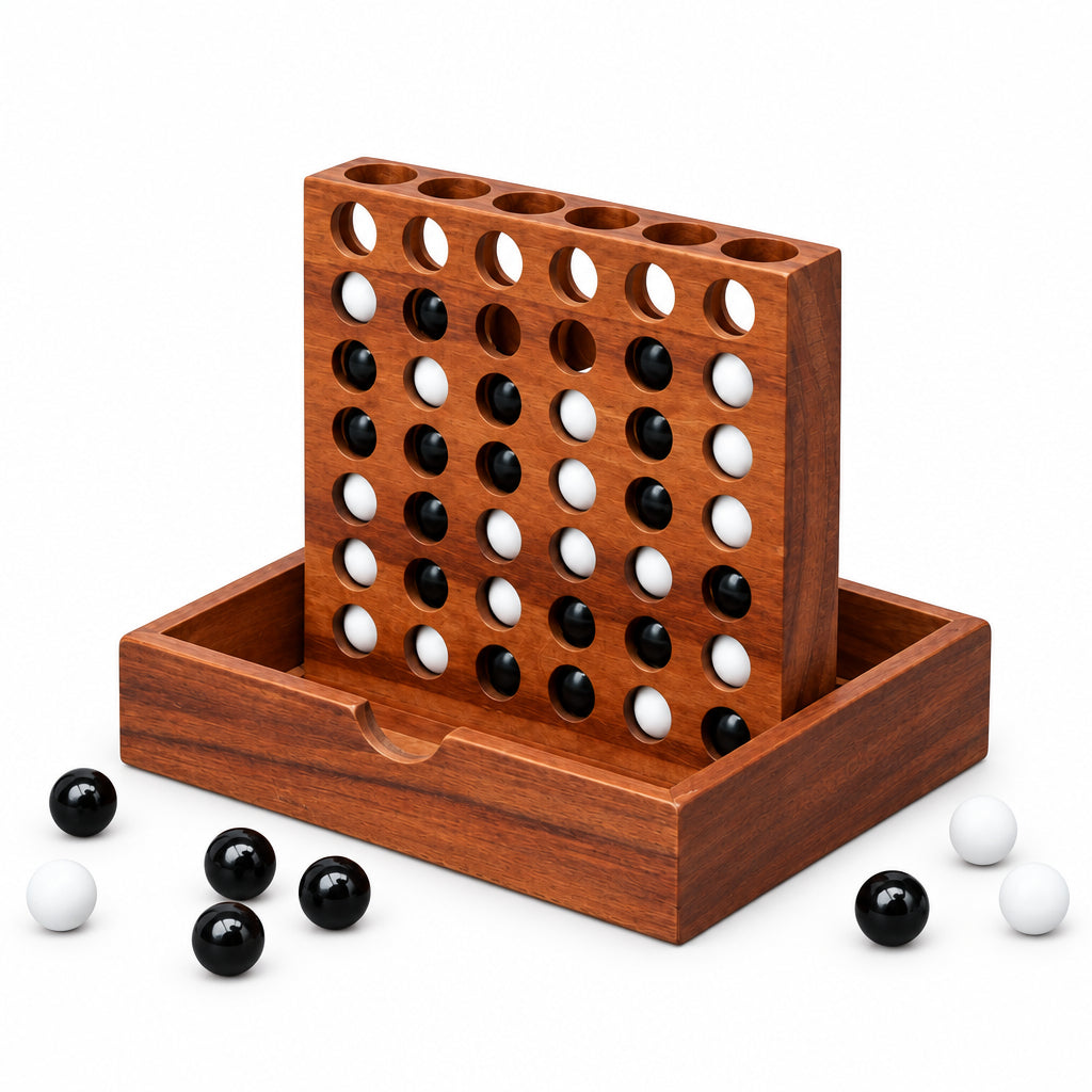 Iron & Glory Four wooden four in a row game with black and white glass marbles