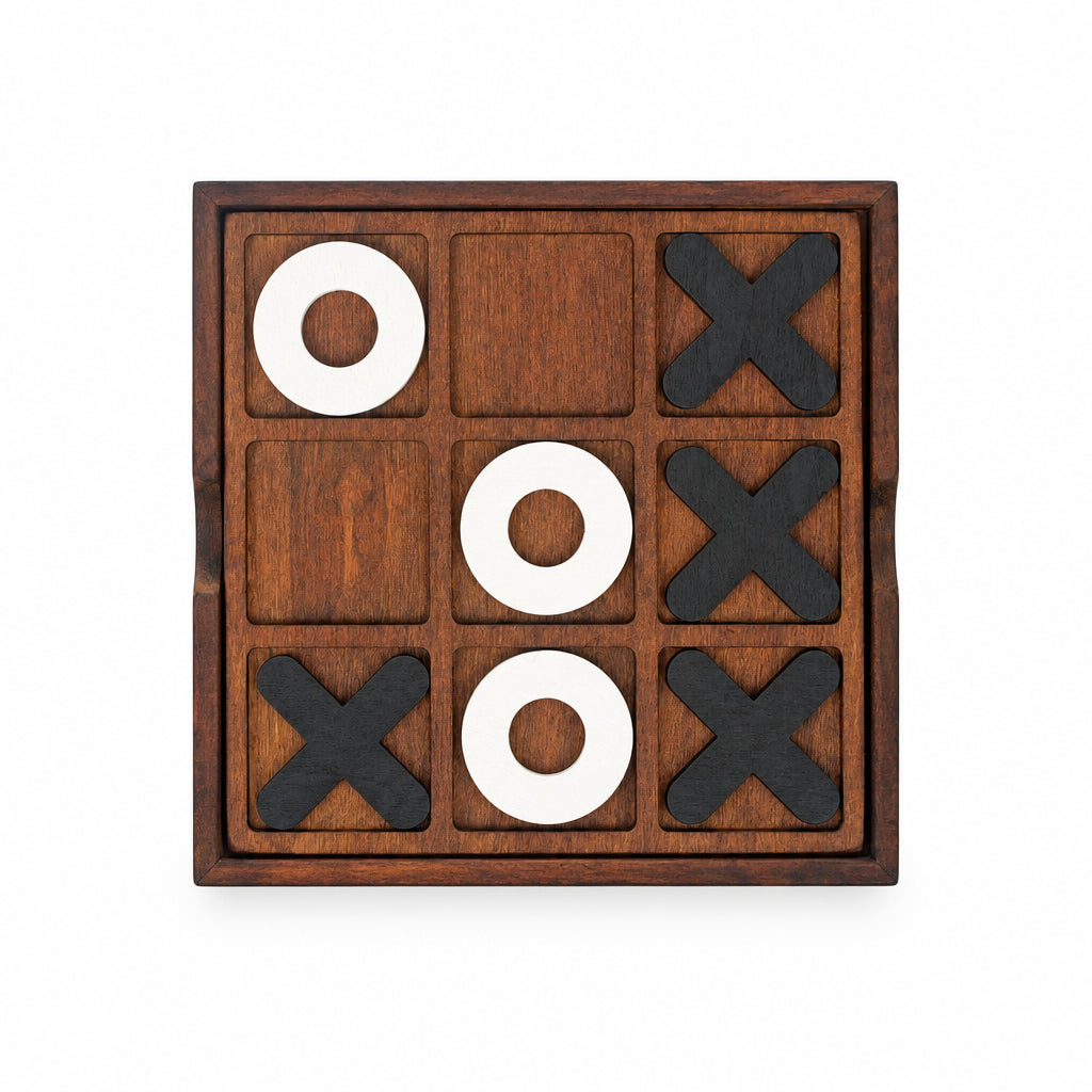 Iron & Glory wooden noughts and crosses board, top down, grey background
