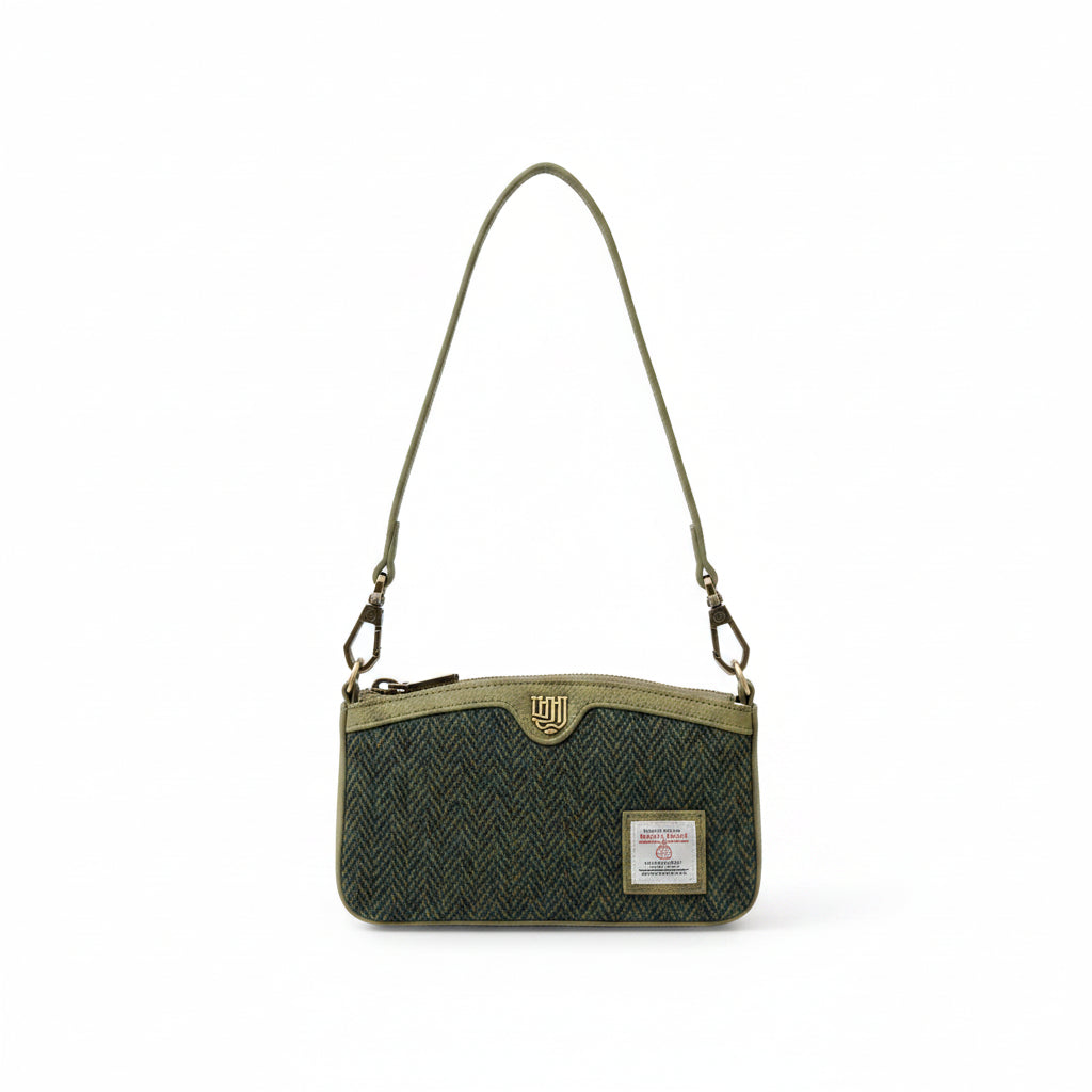 Ailsa dark green herringbone purse back view on white background