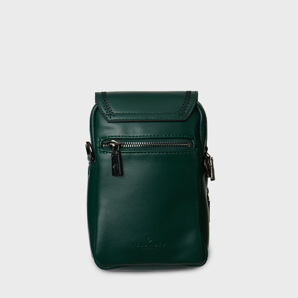 Back of the green leather Baby Jura crossbody with zip pocket