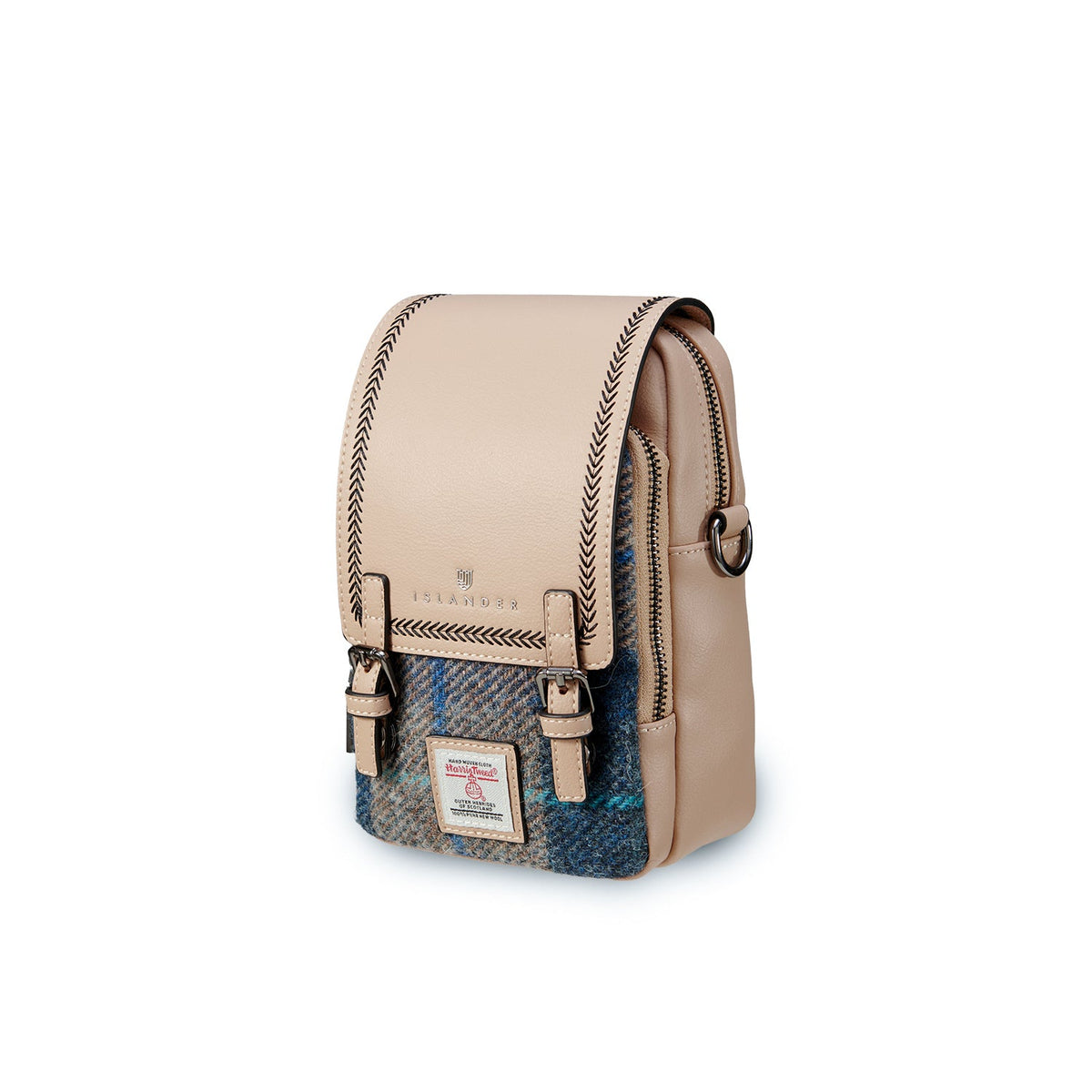 Beige leather Baby Jura crossbody angled to show the tweed panel
