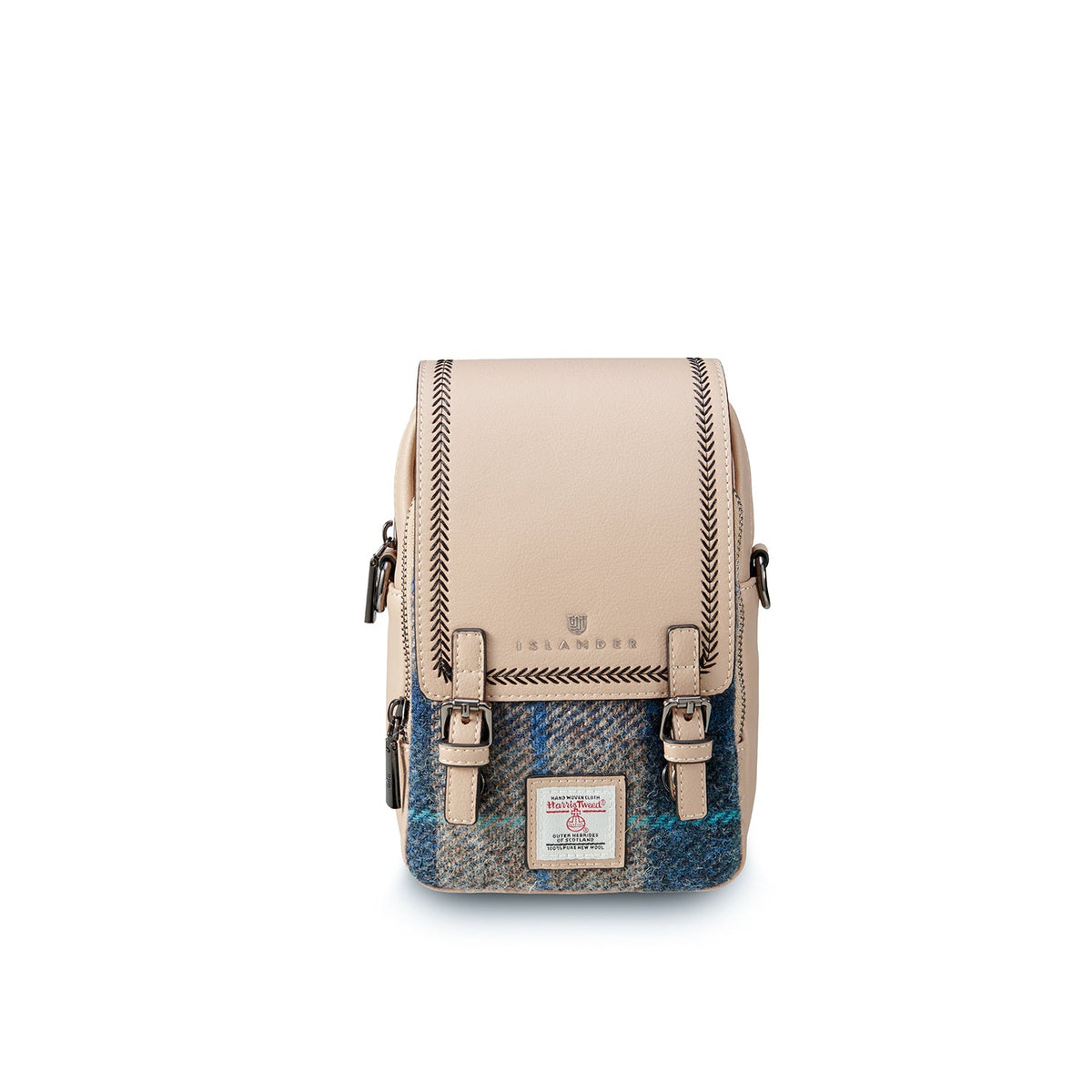 Beige and blue tartan Baby Jura crossbody with buckles and label