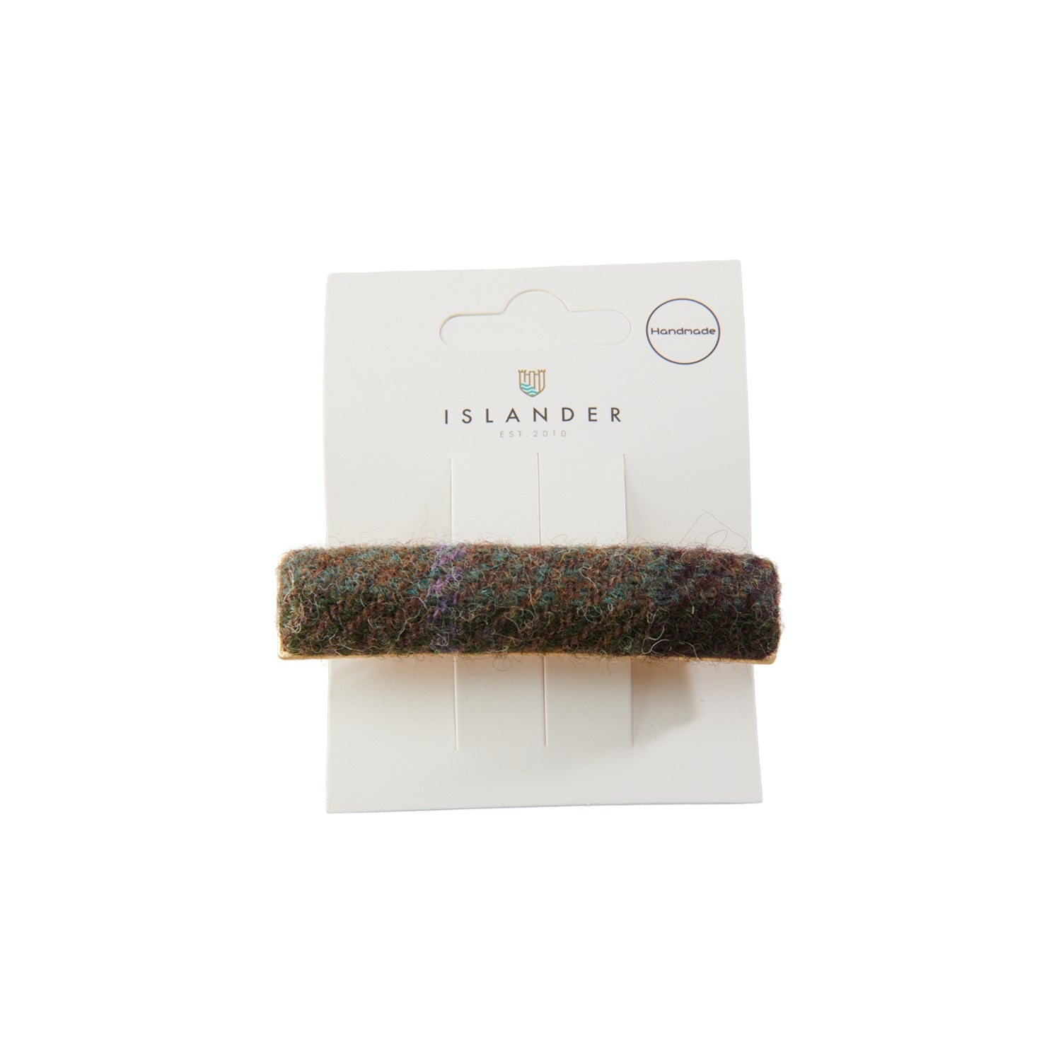 Harris Tweed chestnut-blue tartan hair clip on Islander packaging card