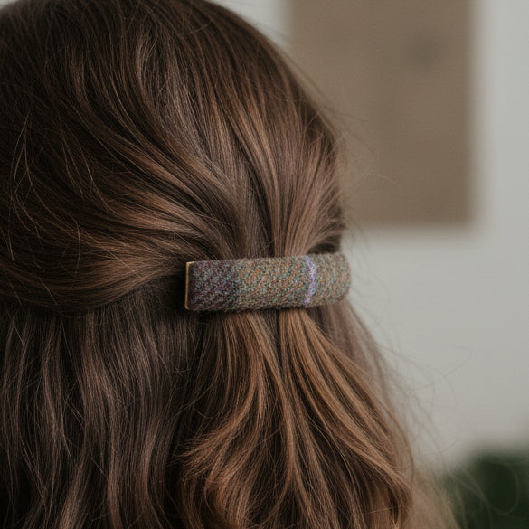 Harris Tweed chestnut and blue tartan barrette clip worn in brown hair