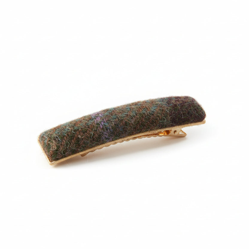 Chestnut-blue tartan Harris Tweed barrette angled on white background
