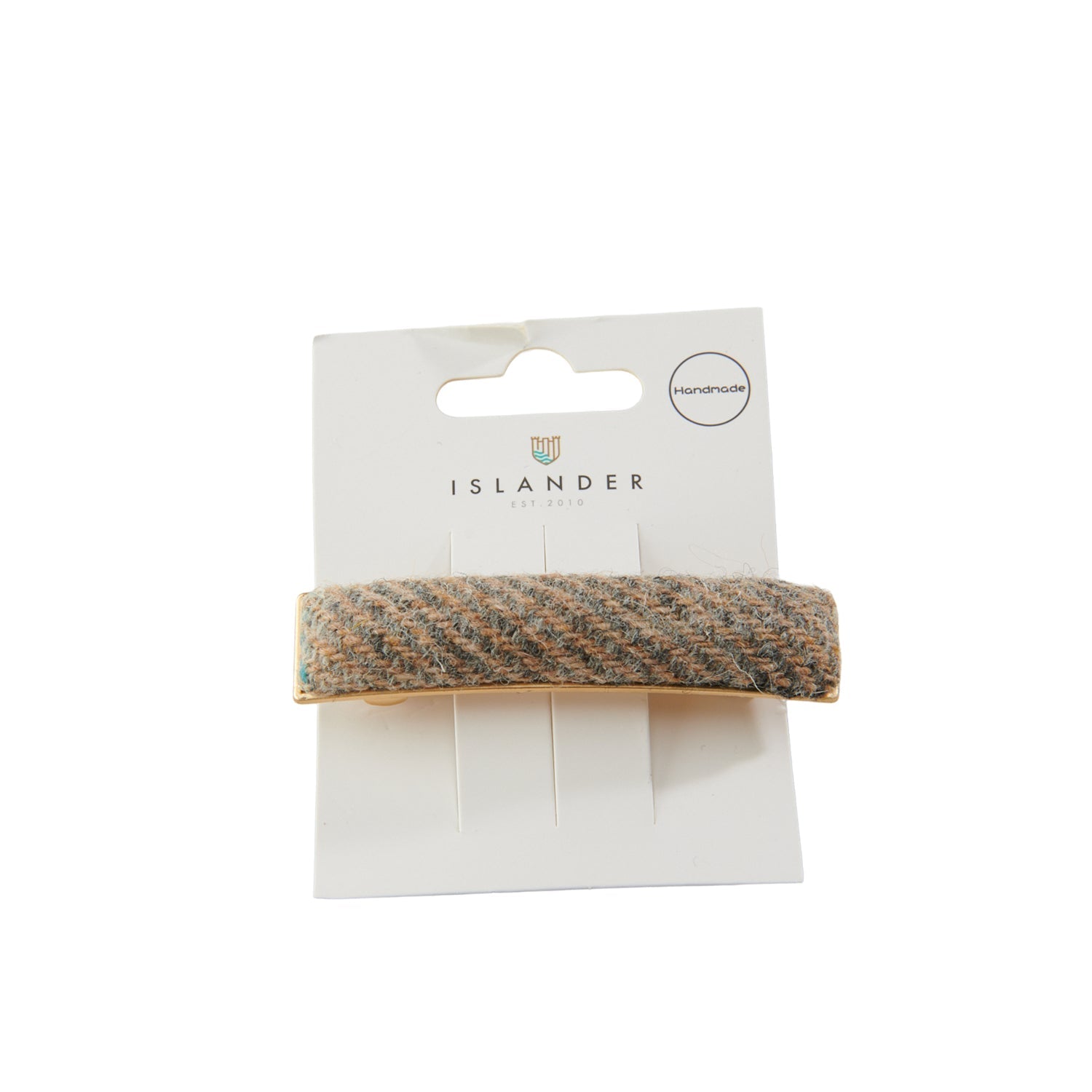Harris Tweed Islander check hair clip on Islander branded packaging card