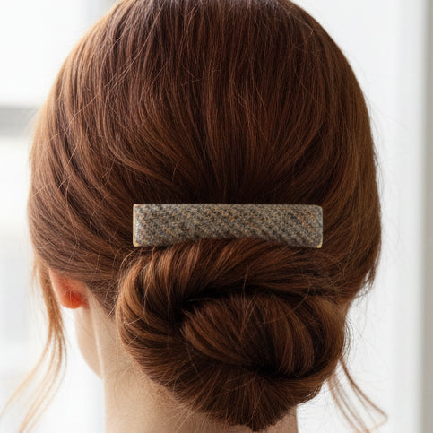 Harris Tweed Islander check barrette clip worn in auburn hair low bun