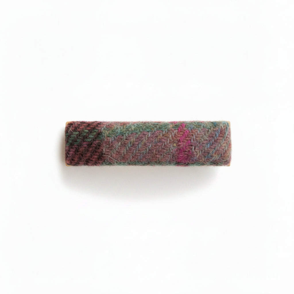 Pink-green tartan Harris Tweed barrette clip on white background