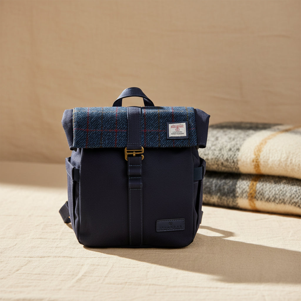 Navy over-check canvas lunch bag styled for a picnic