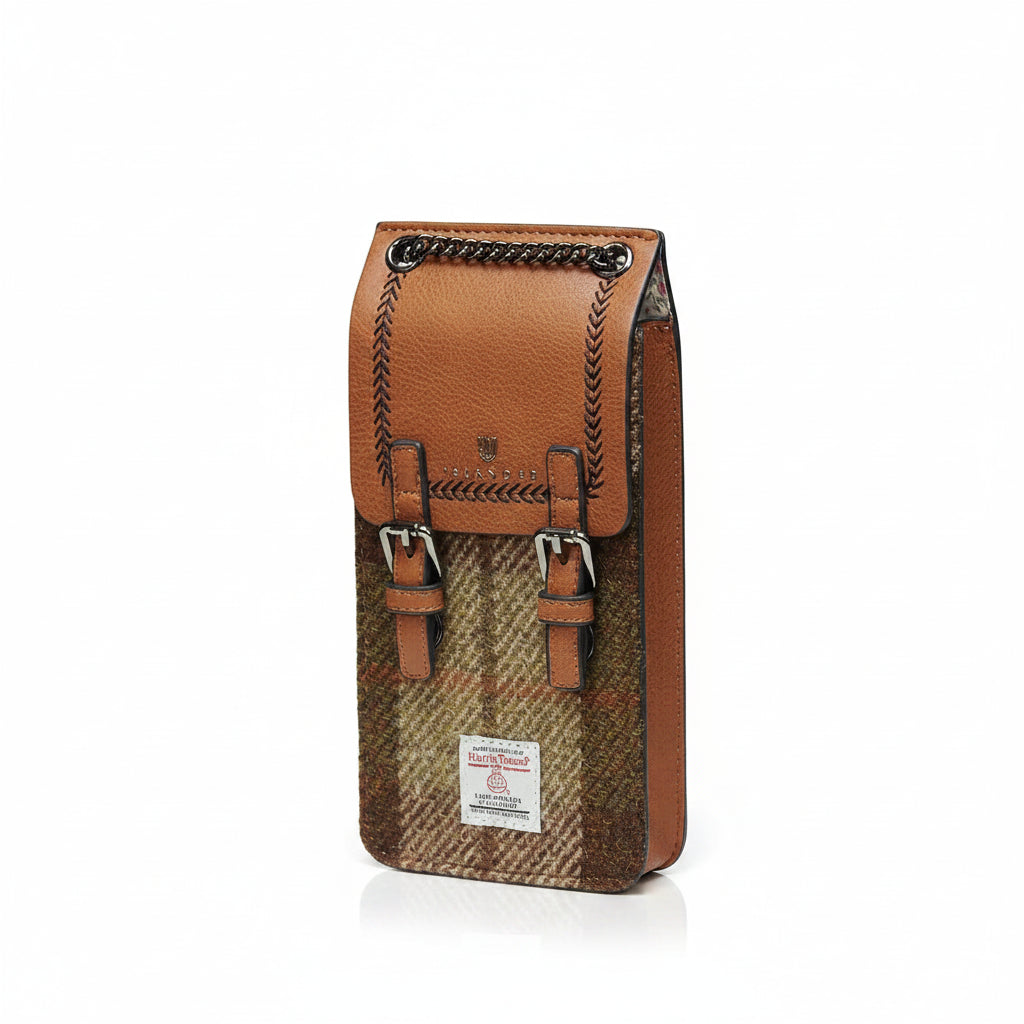 Chestnut tartan Harris Tweed phone tote bag, showcasing its compact size and adjustable strap.