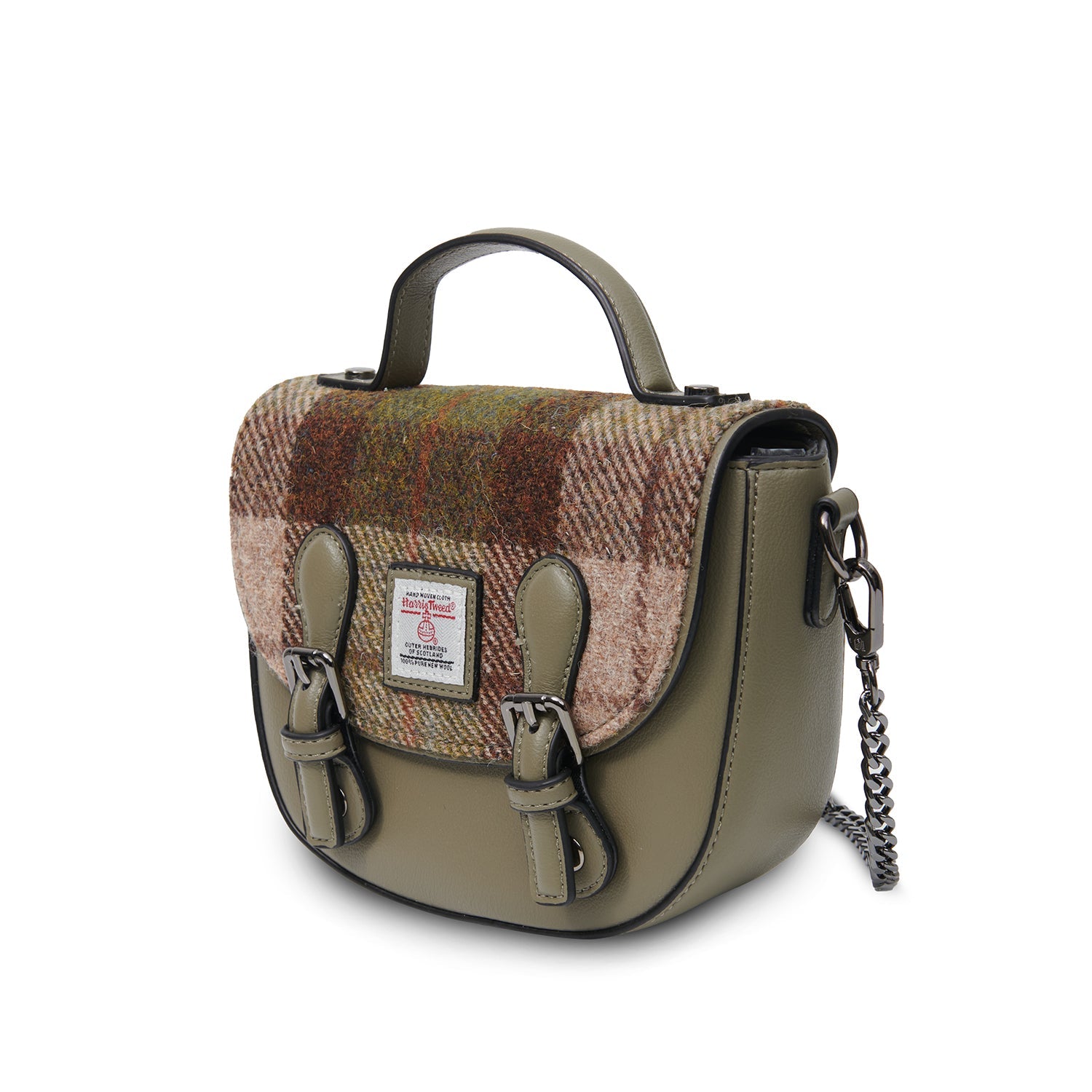 Chestnut tartan Harris Tweed satchel shown from a side angle