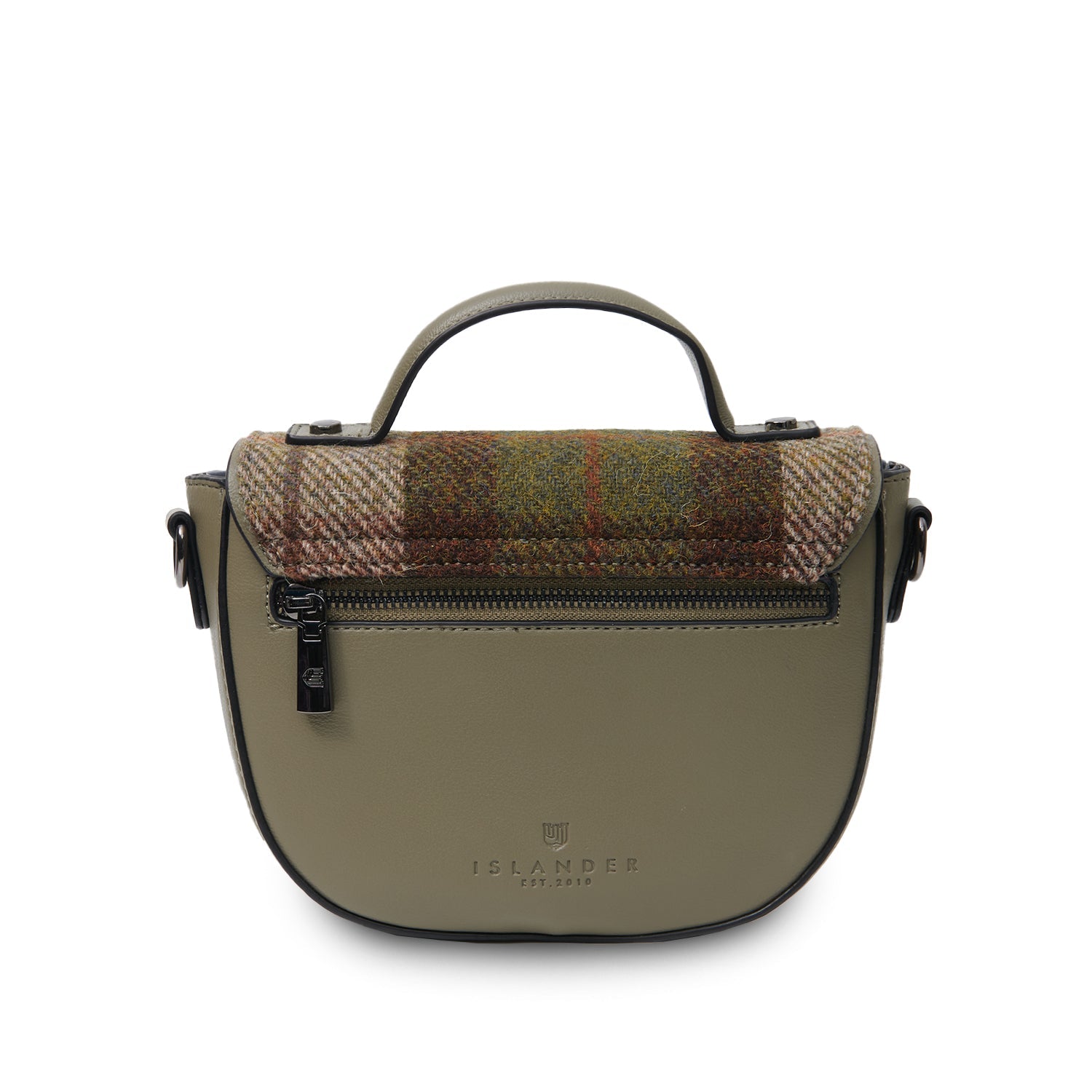 Close detail of the chestnut tartan Harris Tweed satchel panel