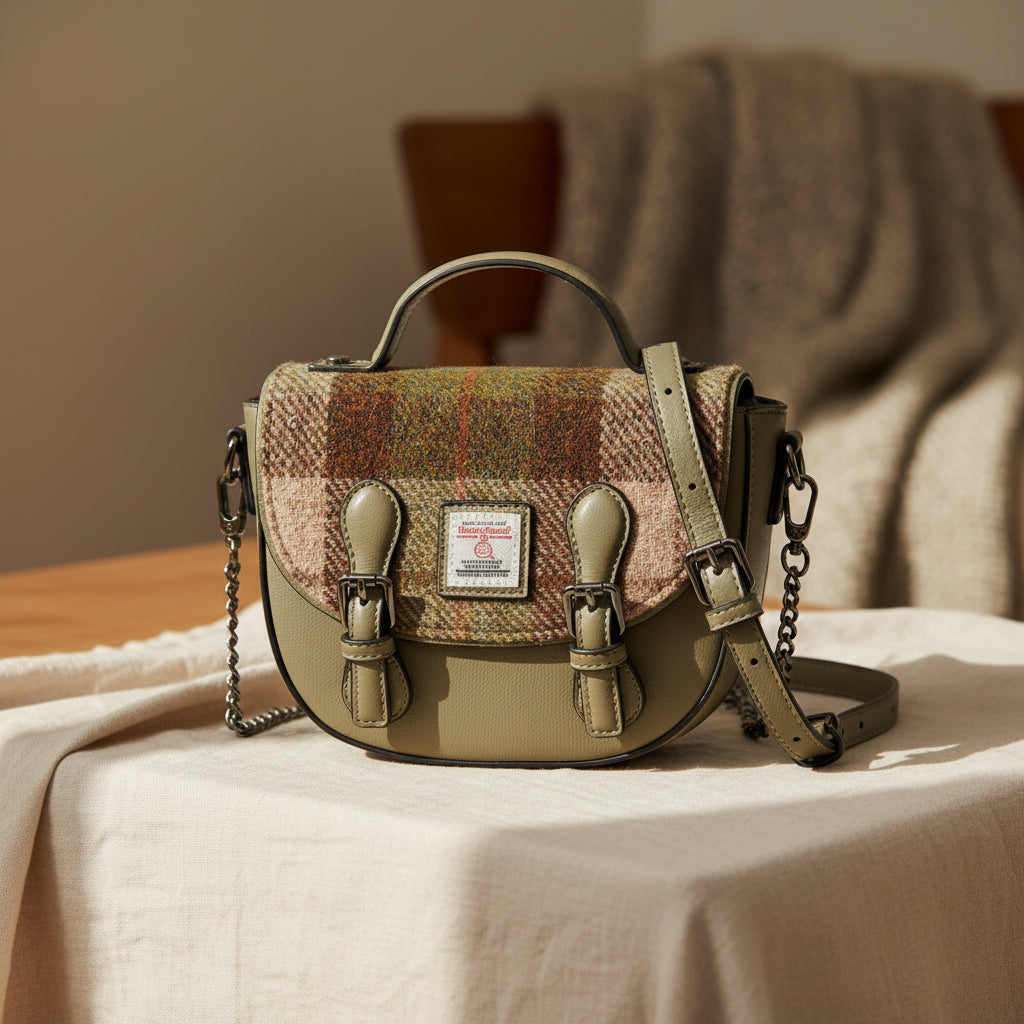 Chestnut tartan Harris Tweed cobble satchel styled for everyday carry