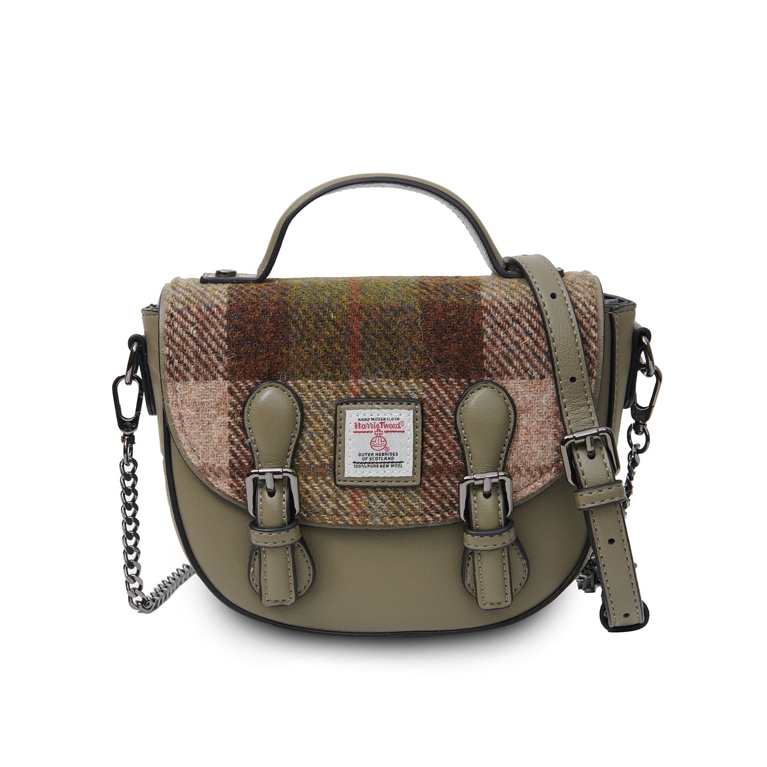 Chestnut tartan Harris Tweed cobble satchel, front view
