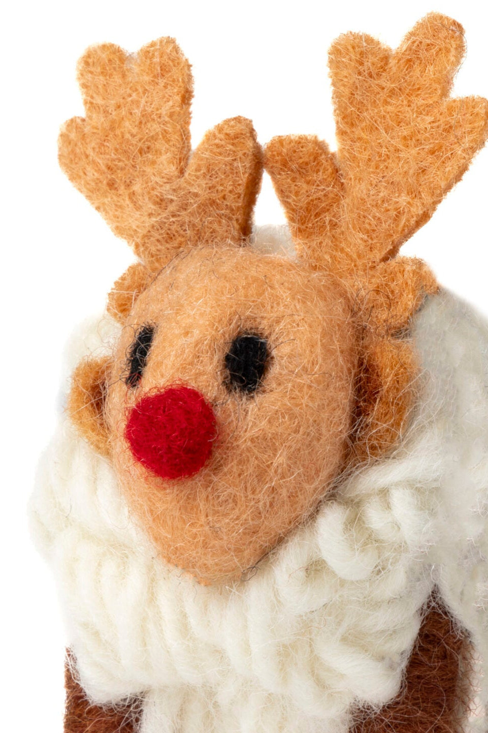 Close-up of the felted reindeer face, red nose and tan antlers on cream wool