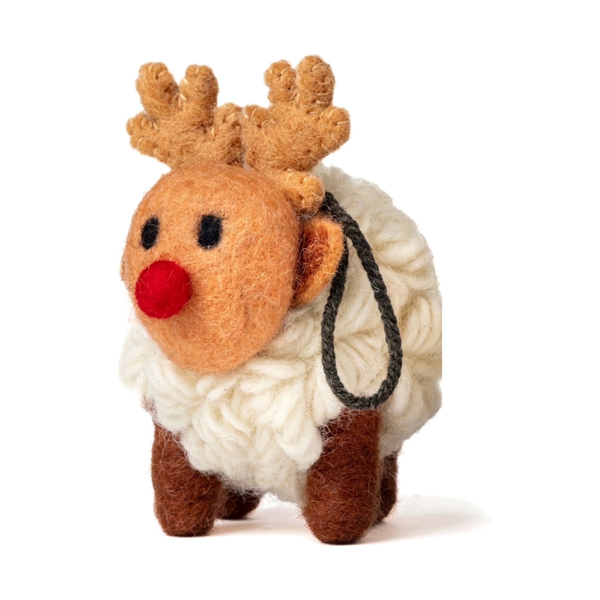 Medium knitted reindeer sheep figure on a pure white background