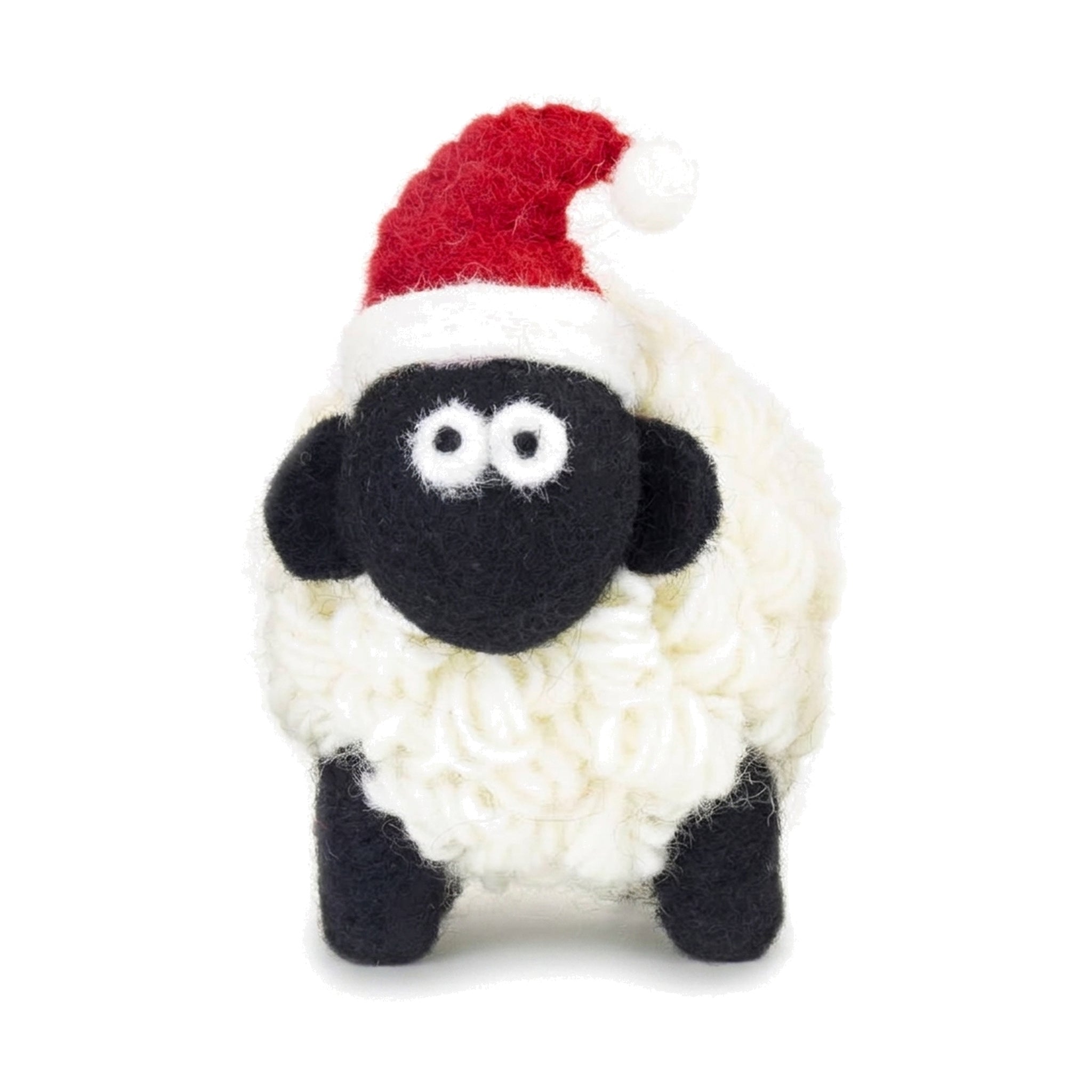 Medium knitted Santa sheep on a pure white background
