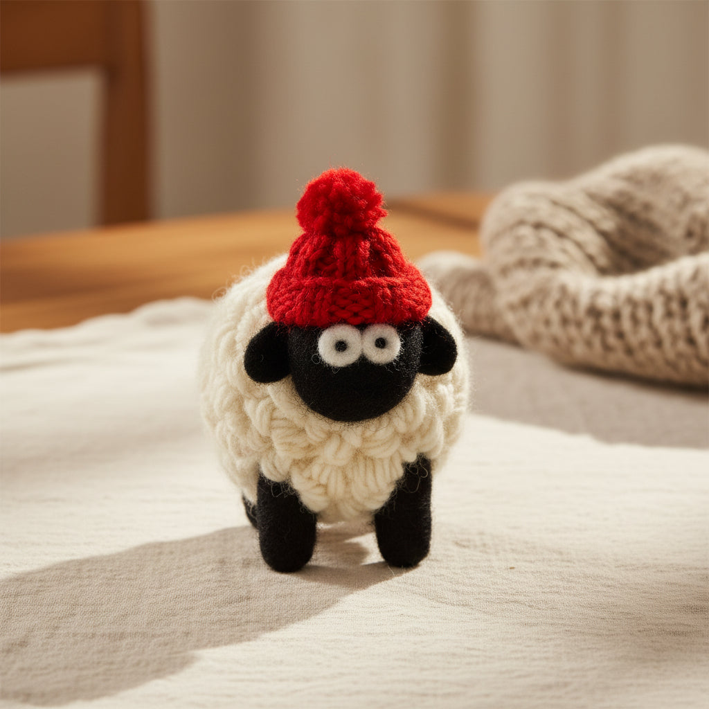 Knitted wool sheep in a red bobble hat styled on a shelf