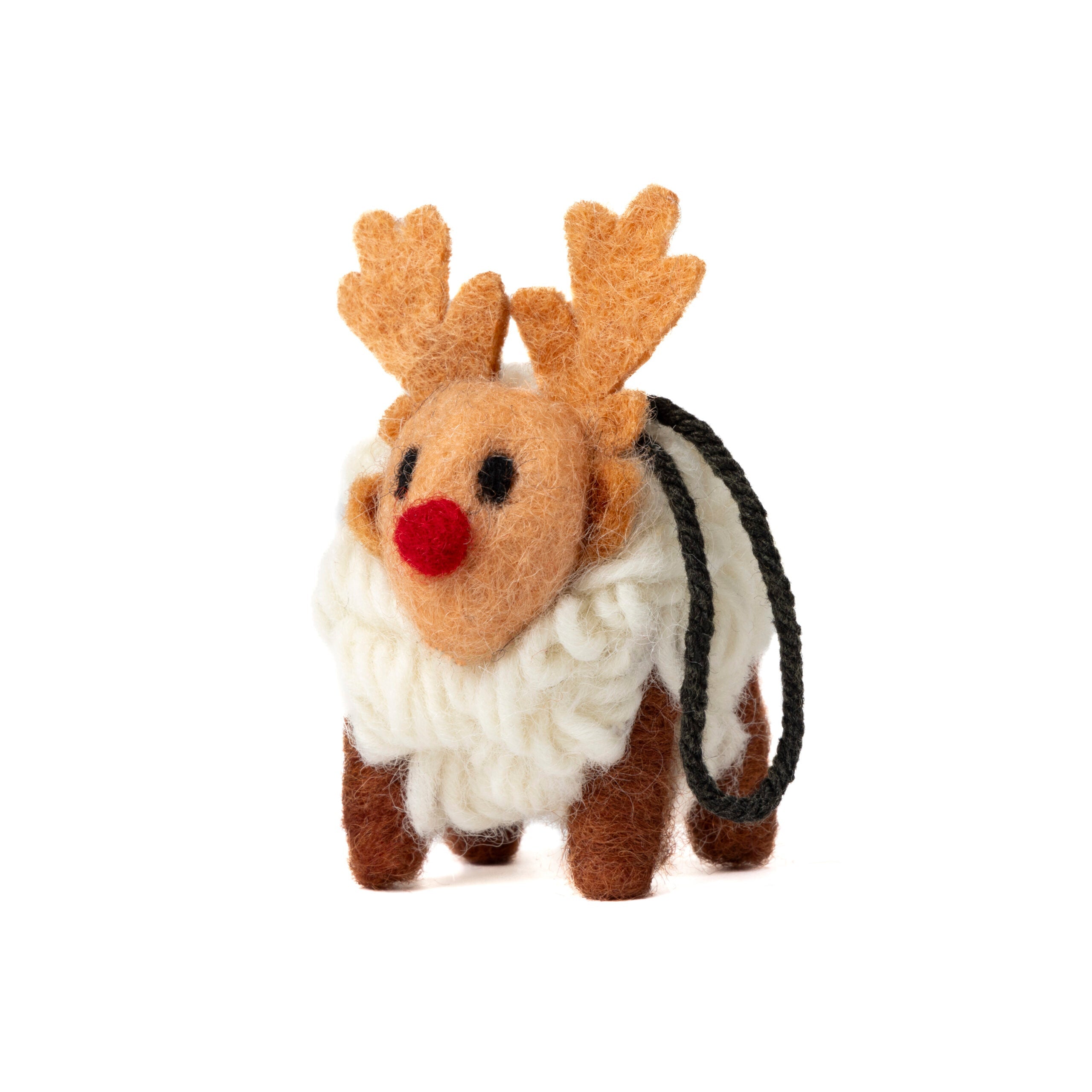 Mini felted reindeer sheep with red nose and grey hanging cord, front view