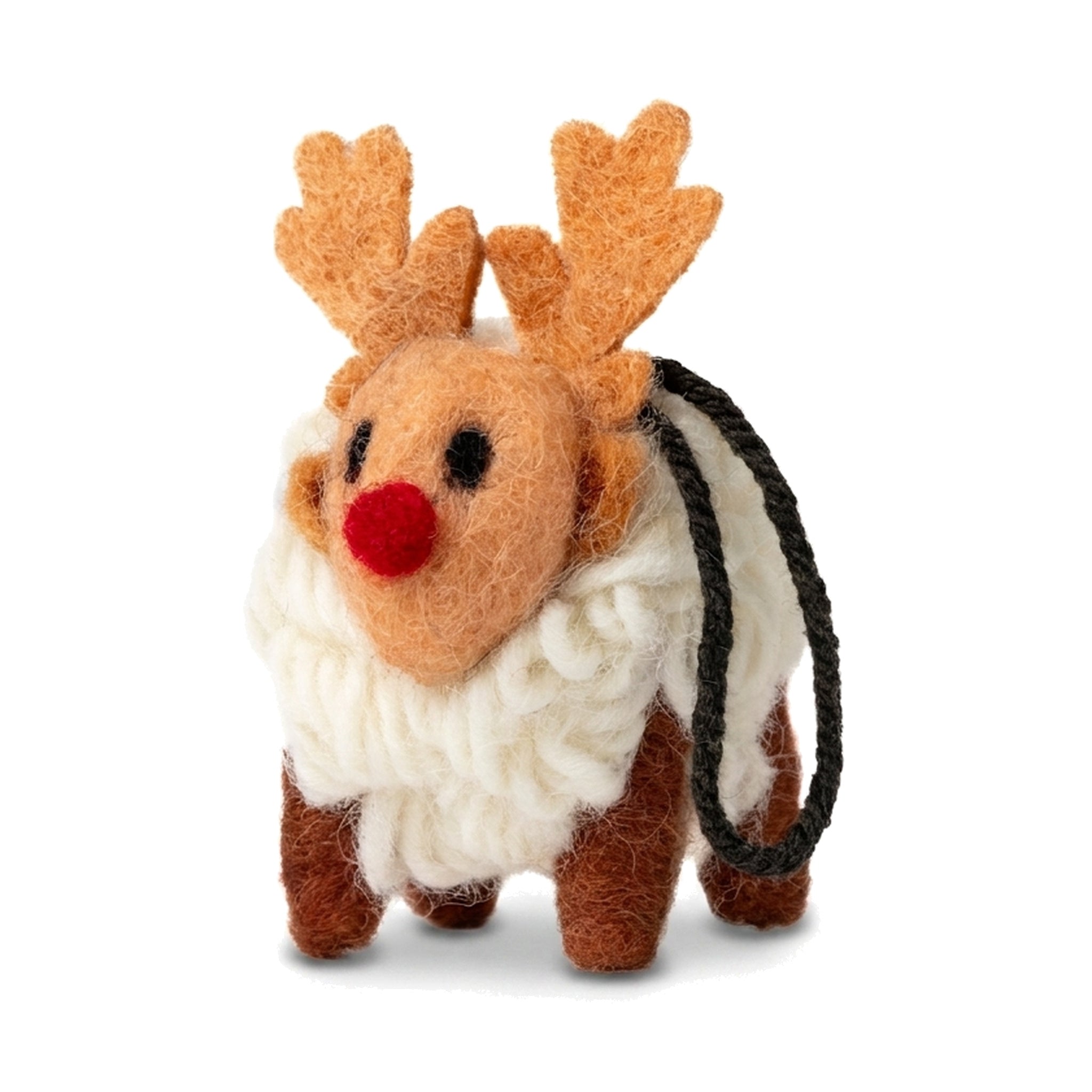 Mini knitted reindeer sheep decoration on a pure white background