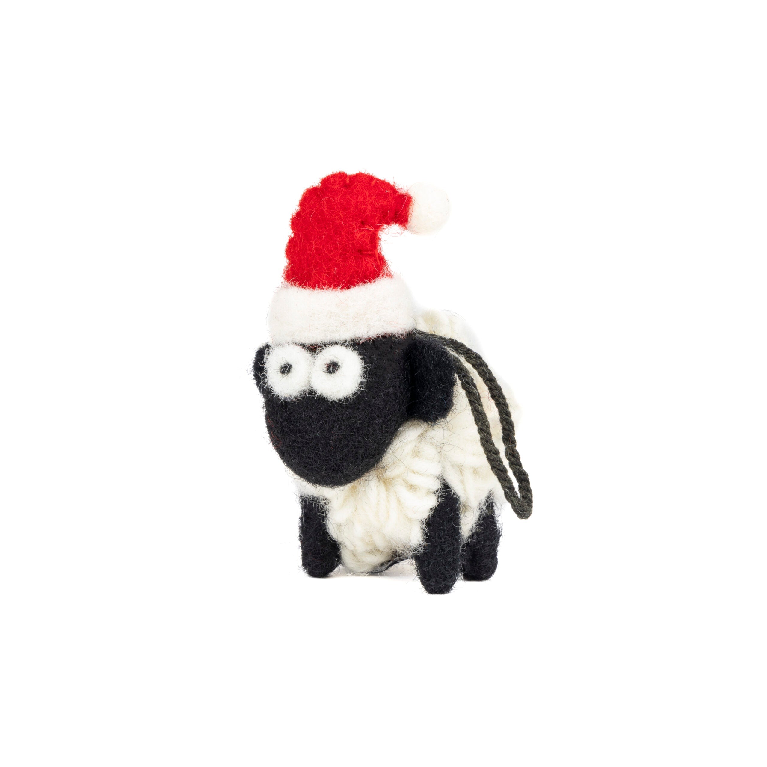 Mini felted sheep in a red Santa hat with a grey hanging cord, side view