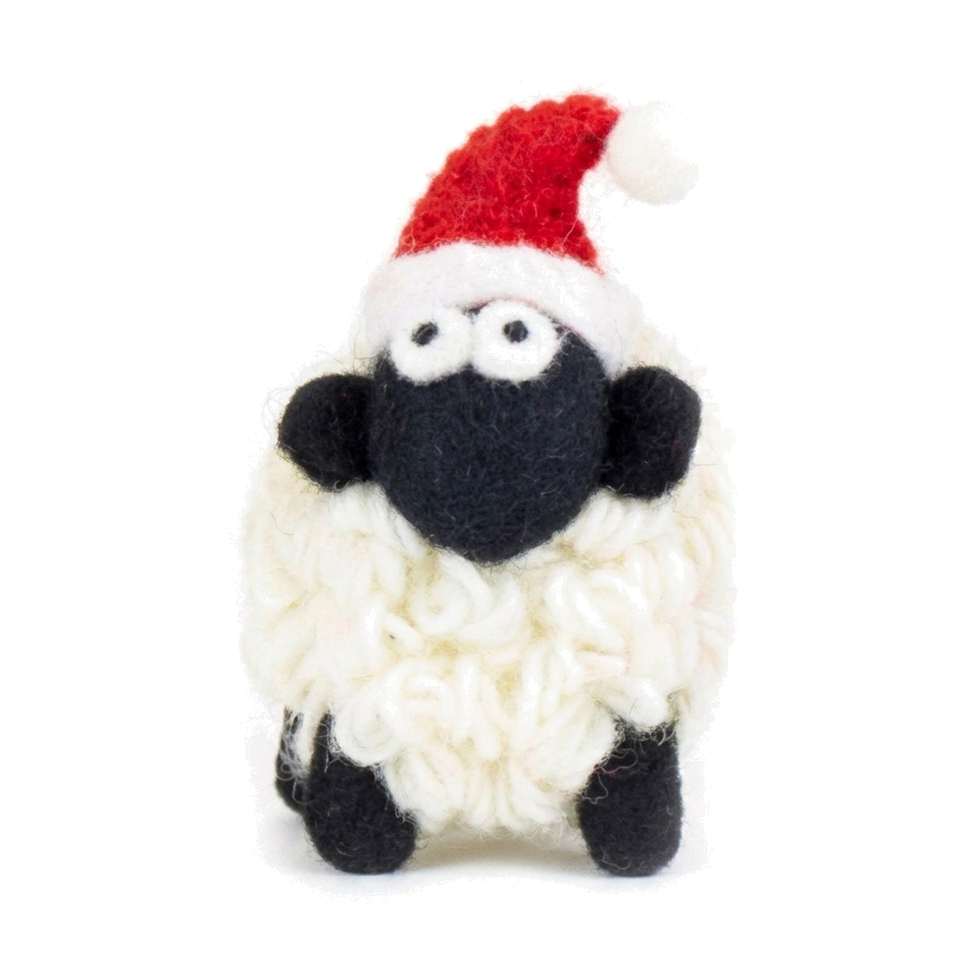 Small knitted Santa sheep on a pure white background