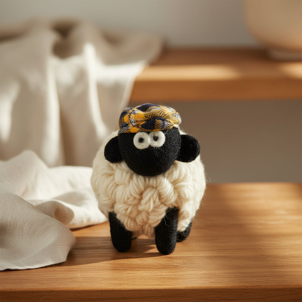 Plush sheep toy with a tartan hat on a white background