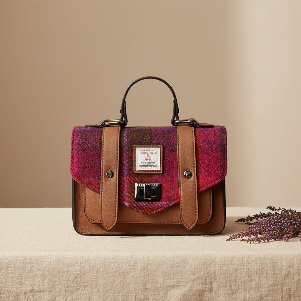 Handbag with red and brown plaid pattern on a light gray background