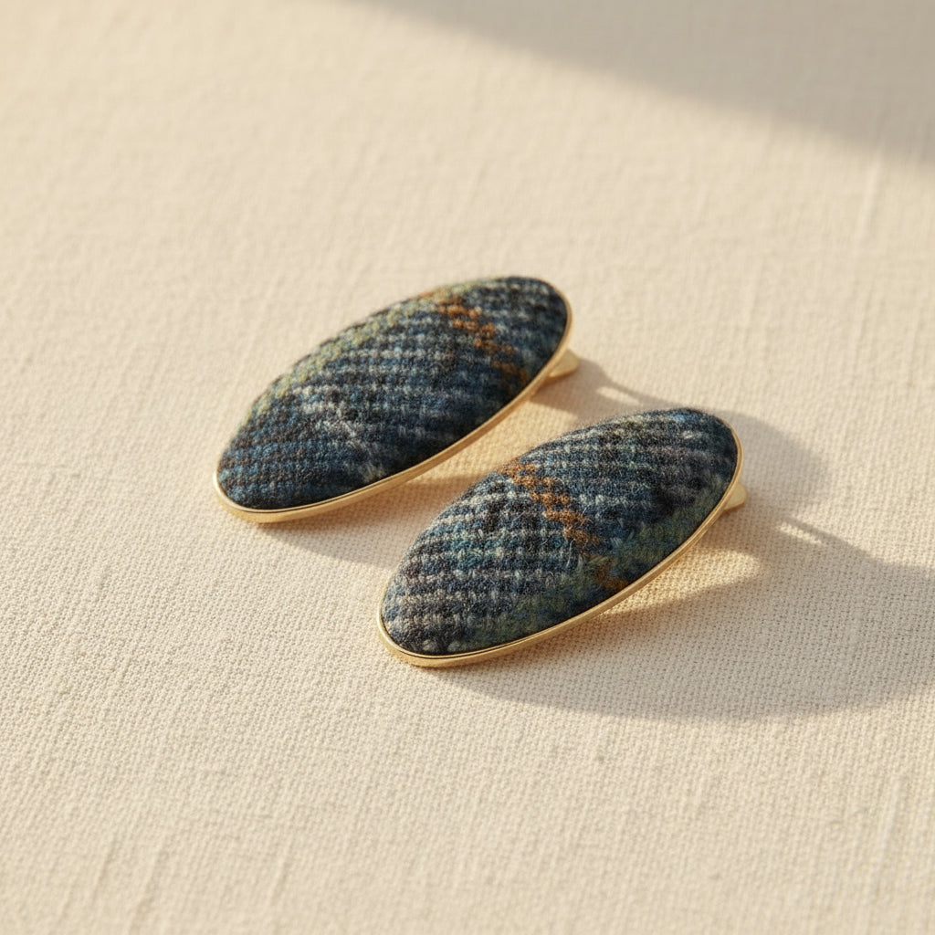 Blue tartan tweed oval hair clips styled as a small gift