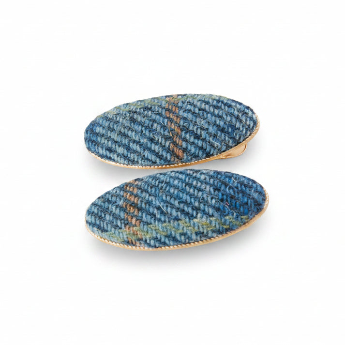 Blue tartan Harris Tweed oval barrette hair clips, pair
