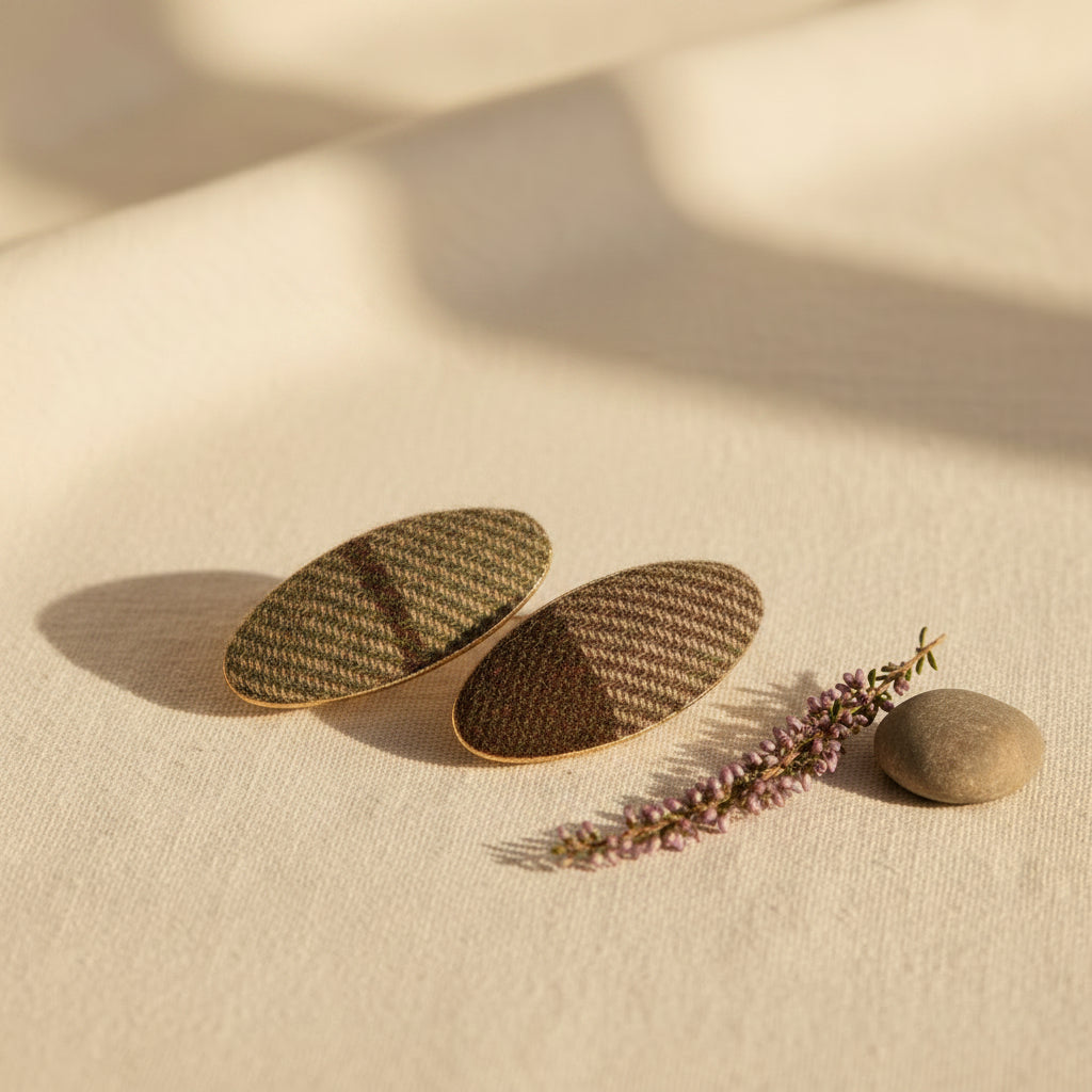 Chestnut tartan tweed oval hair clips styled as a small gift