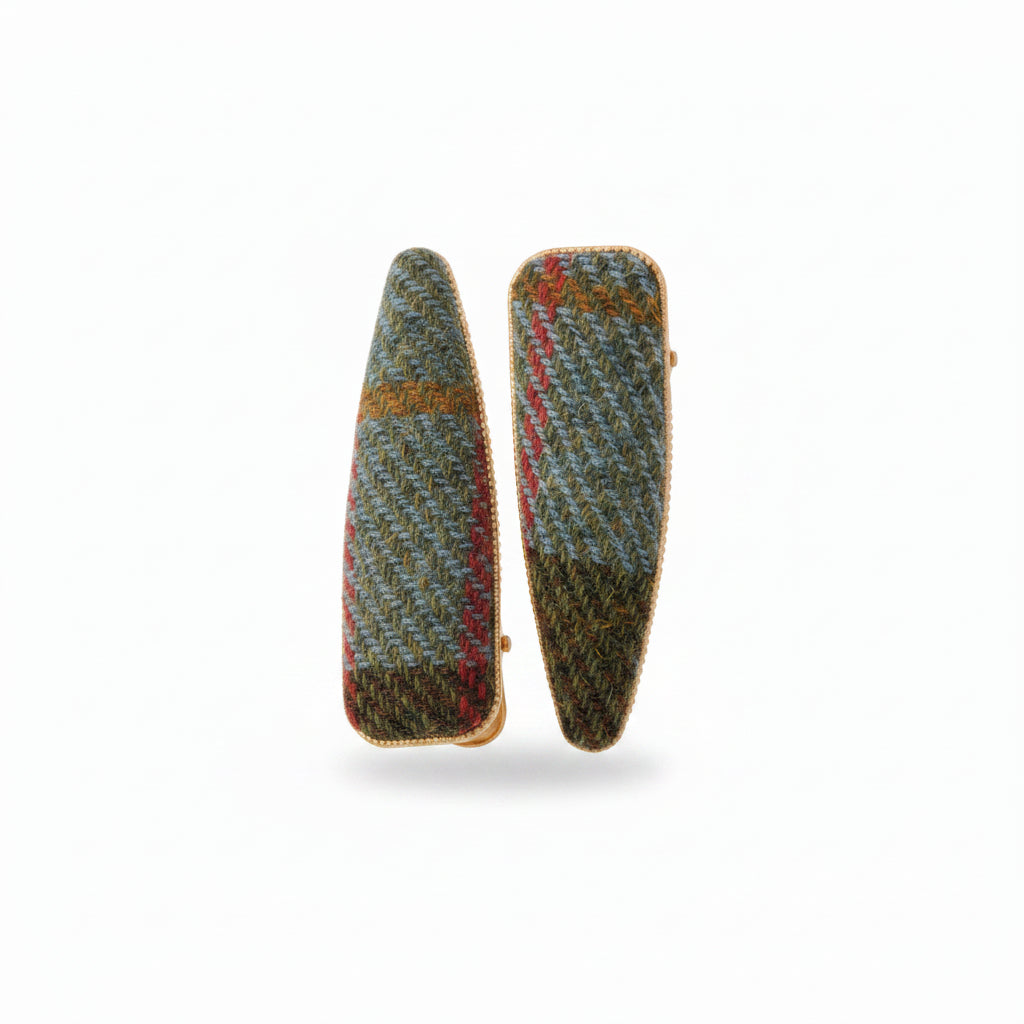 Chestnut and blue tartan Harris Tweed triangular barrette hair clips, pair