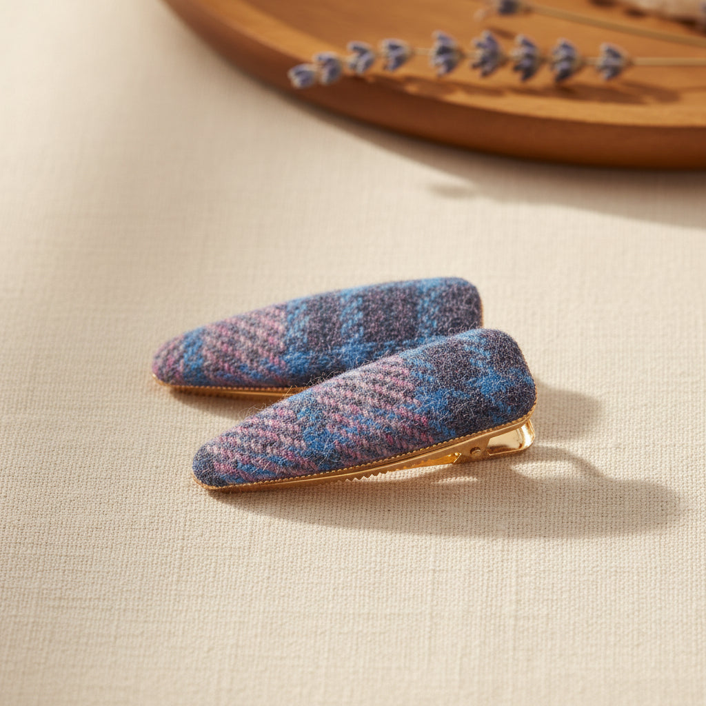 Pink and blue tartan tweed triangular hair clips styled as a small gift