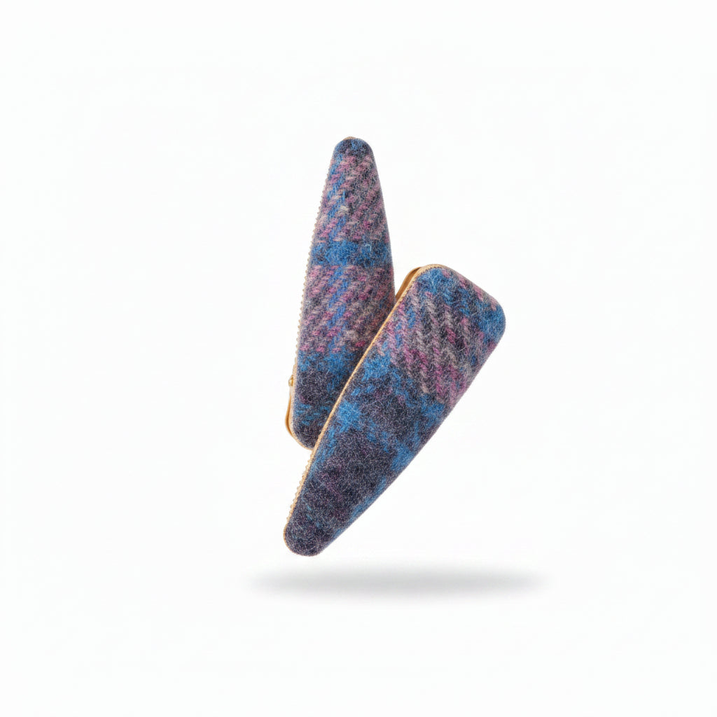 Pink and blue tartan Harris Tweed triangular barrette hair clips, pair