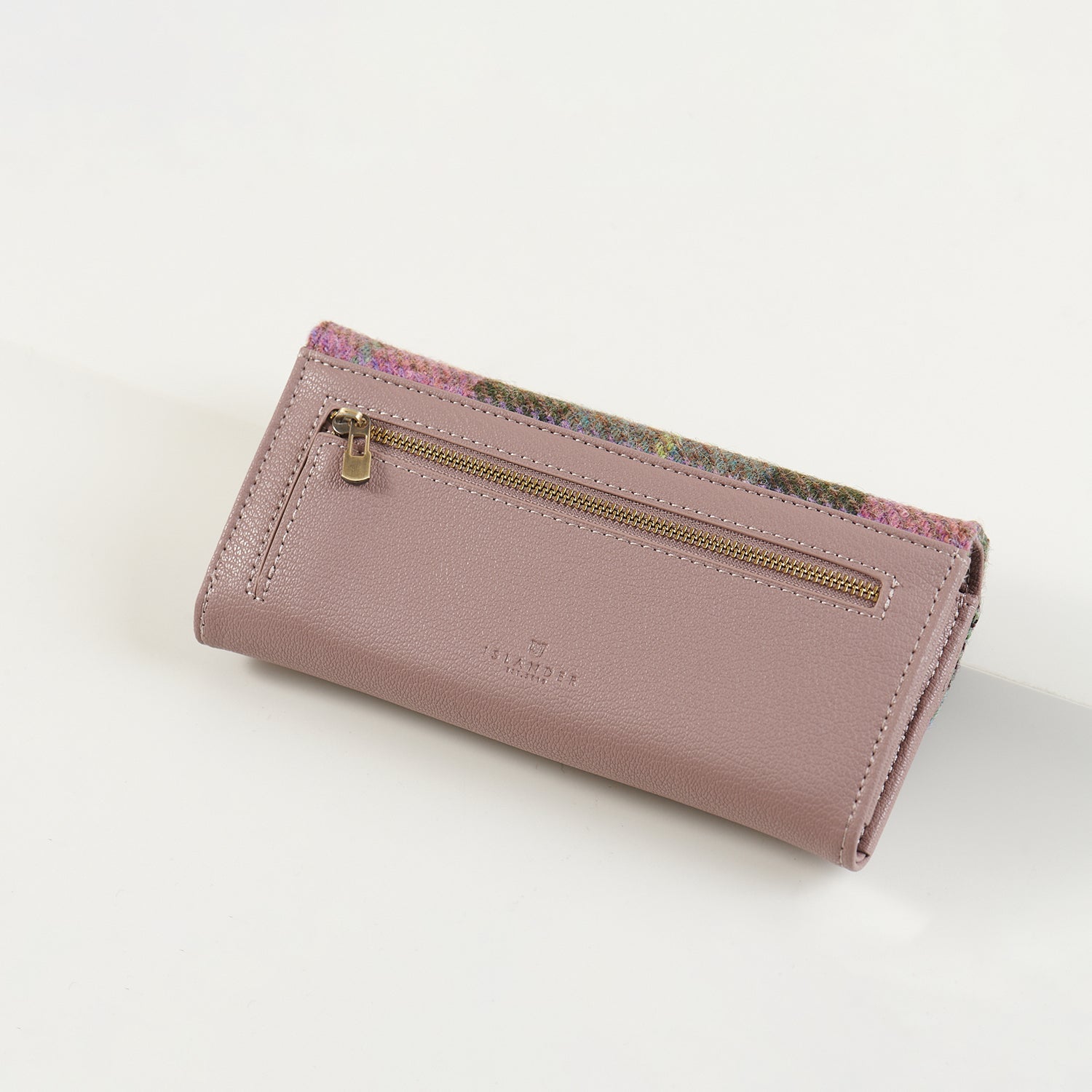 Islander Harris Tweed clasp purse in pink and green tartan, product shot