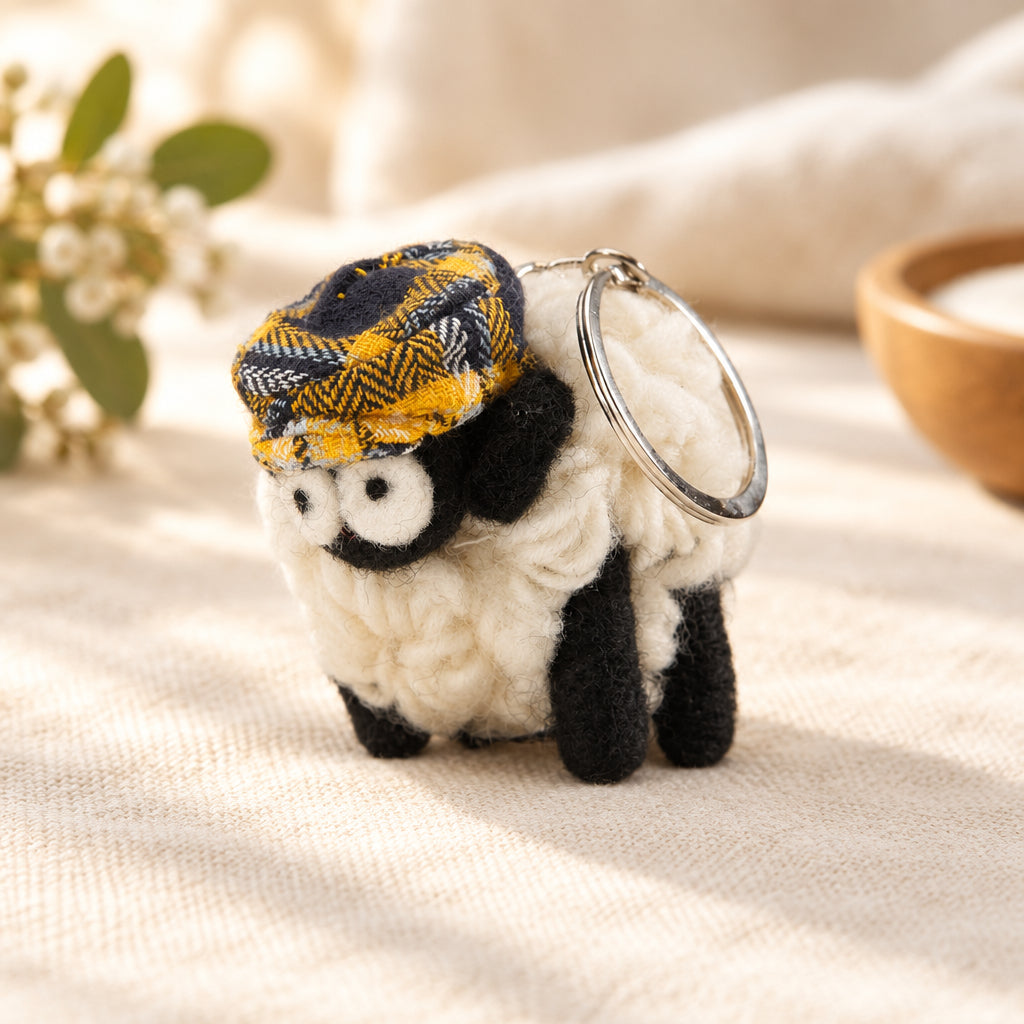 A small plush sheep keychain with fluffy white and black wool-like texture, wearing a yellow, black, and gray patterned flat cap, attached to a silver metal key ring on a white background.