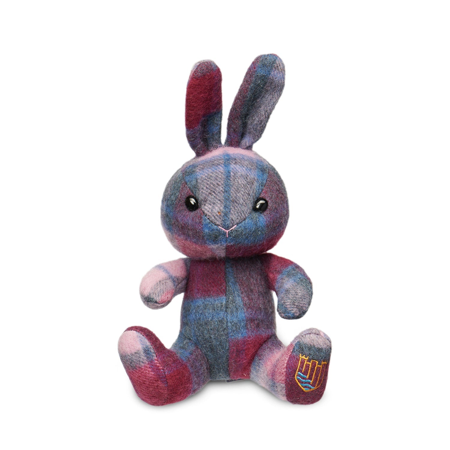 Lambswool bunny pink and blue tartan front view on white background.