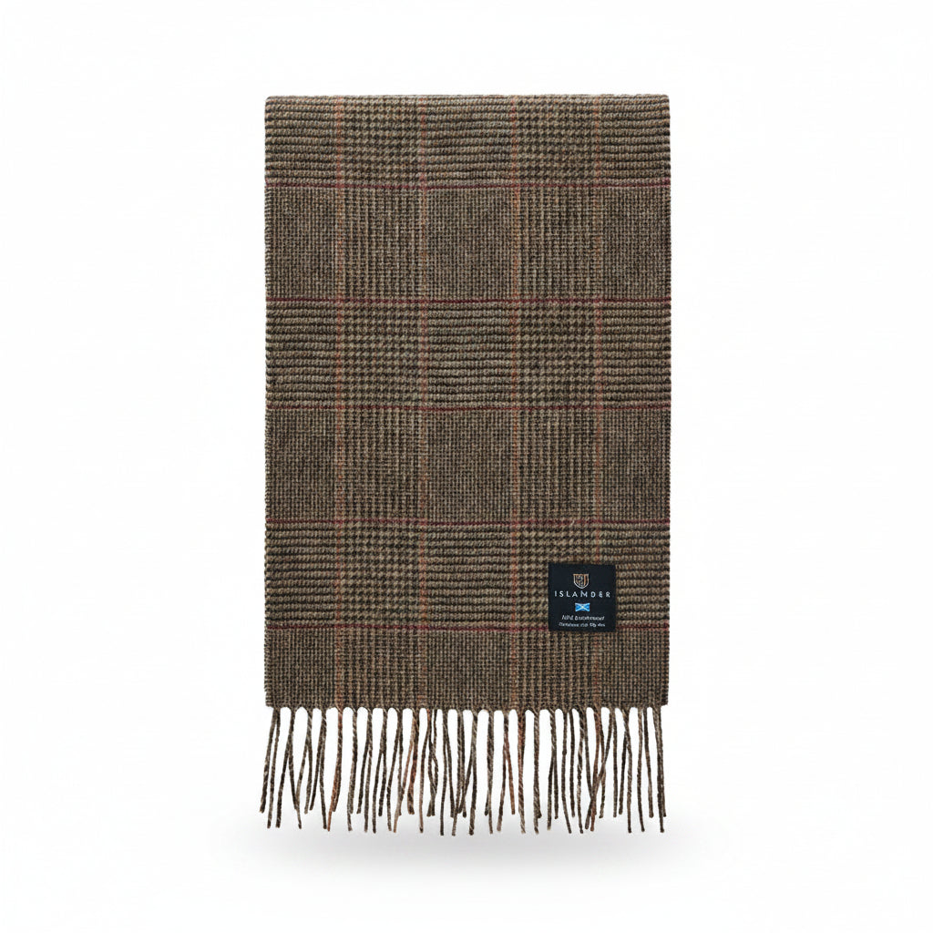 Islander lambswool scarf in beige and brown dogtooth with fringed ends