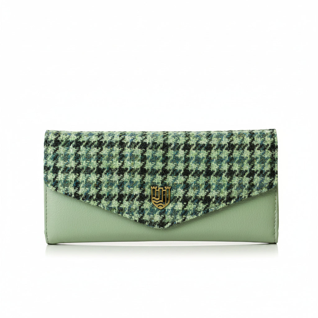 Harris Tweed green dogtooth clasp purse front view on white background