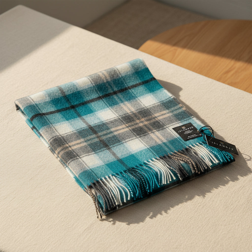 Islander Summer tartan lambswool scarf styled as a light wrap