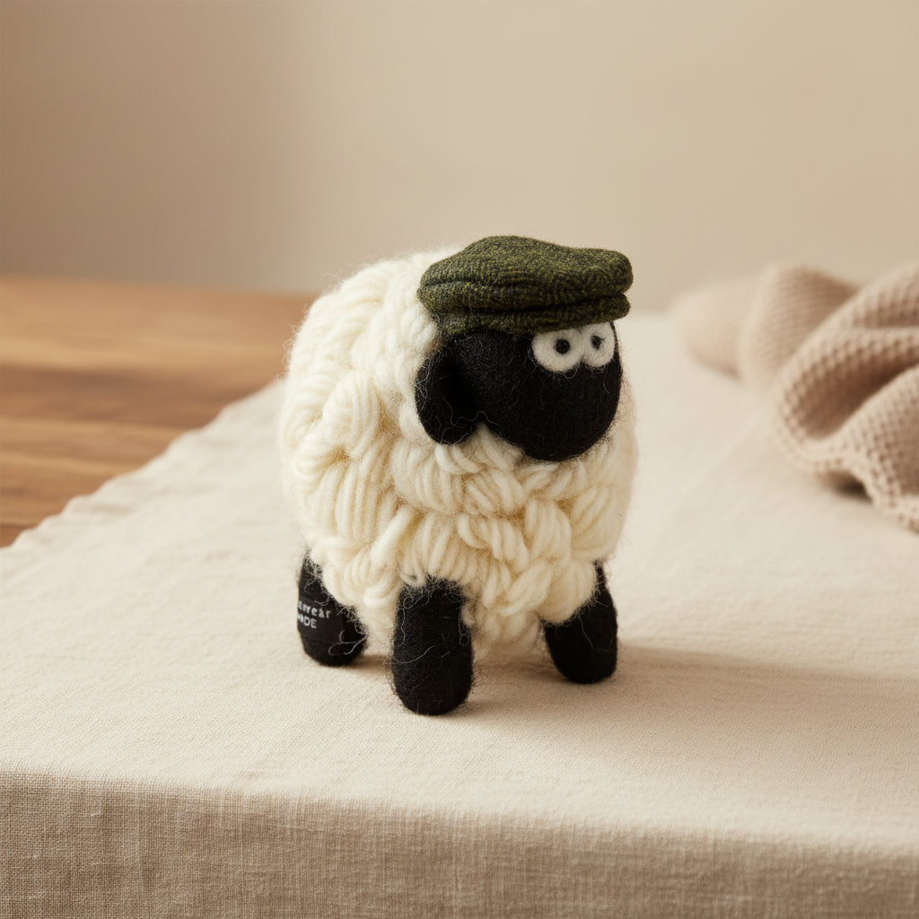 Toy sheep with a green hat on a white background