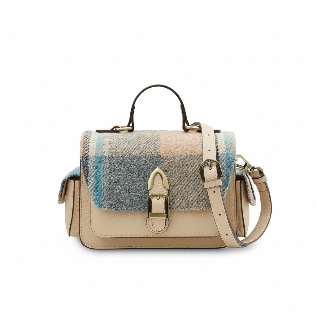 Harris Tweed check crossbody bag front view with strap on white background