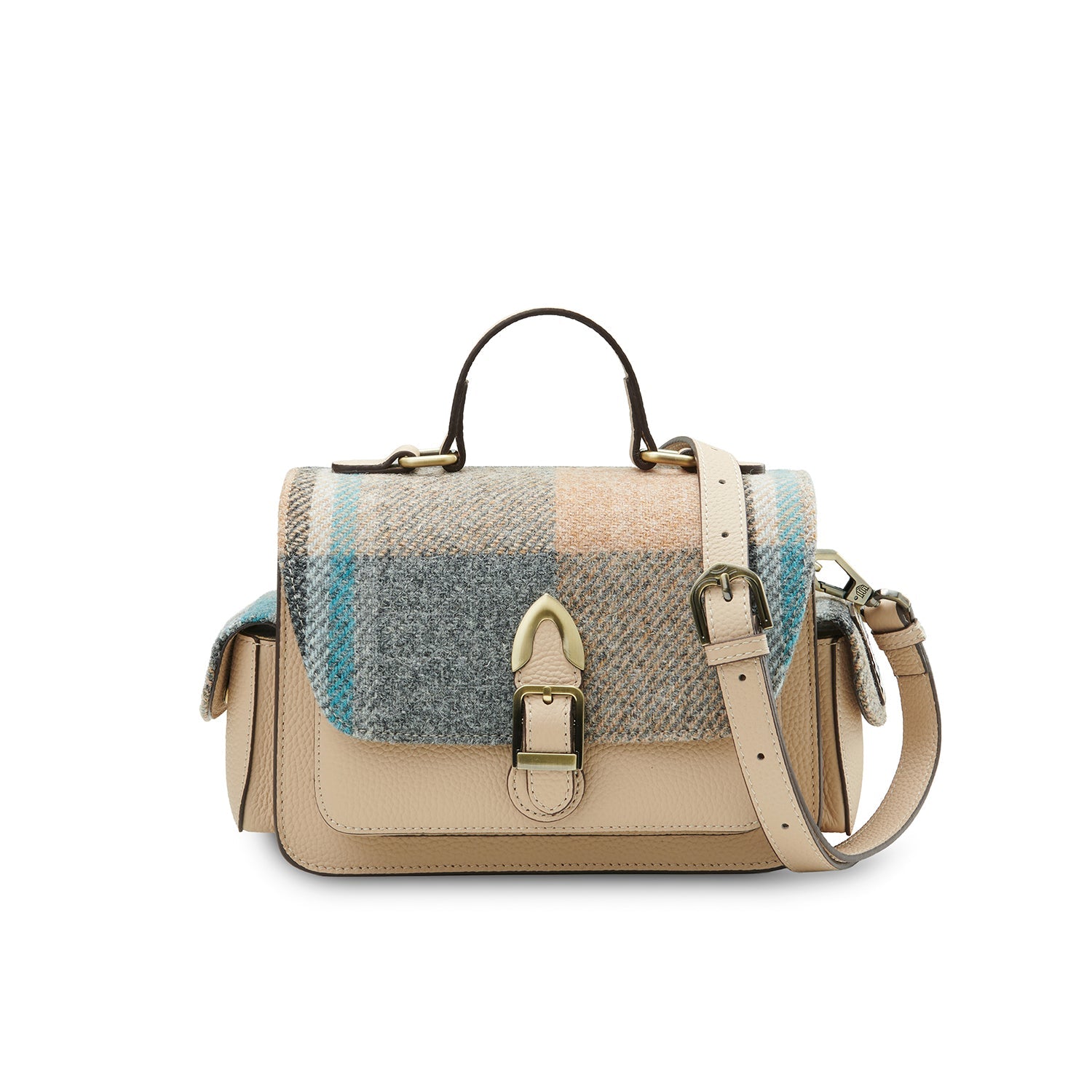 Harris Tweed check crossbody bag front view with strap on white background