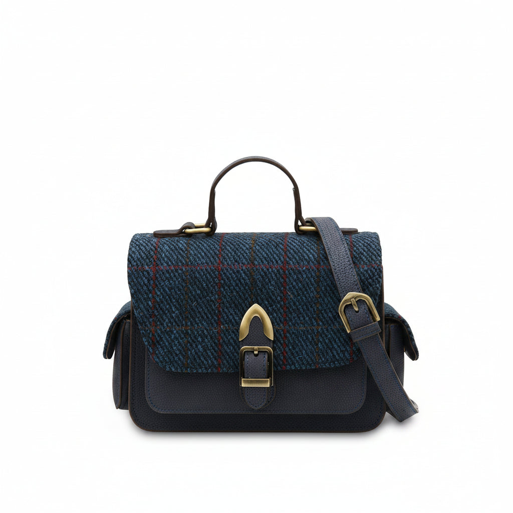 Navy Harris Tweed Melrose crossbody with strap on white background