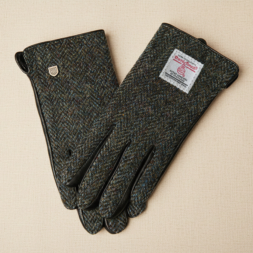 Black and grey herringbone Harris Tweed men's gloves styled for winter