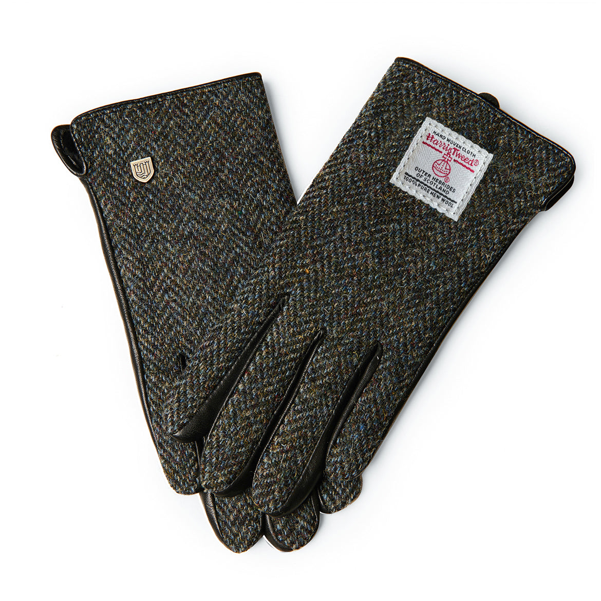 Black and grey herringbone Harris Tweed men's gloves, pair shown flat