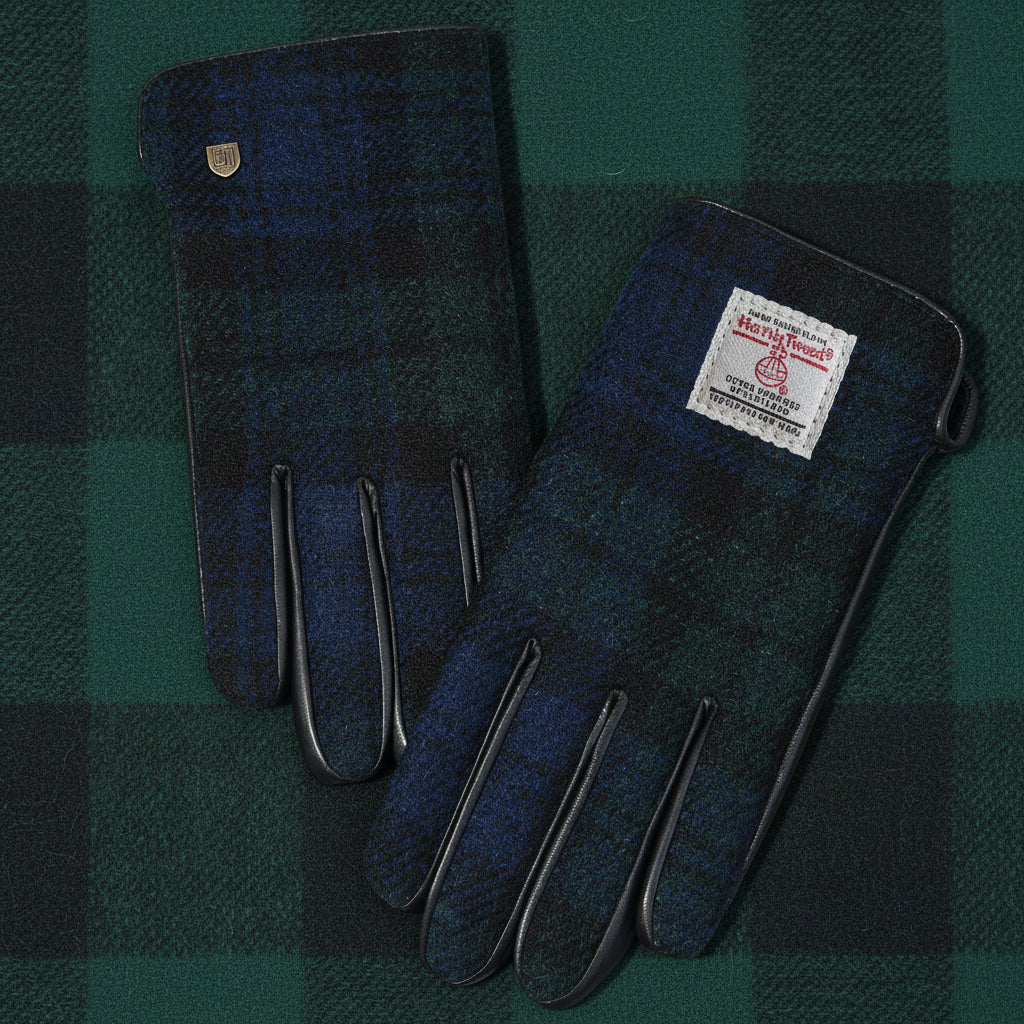 Black Watch tartan Harris Tweed men's gloves styled for winter