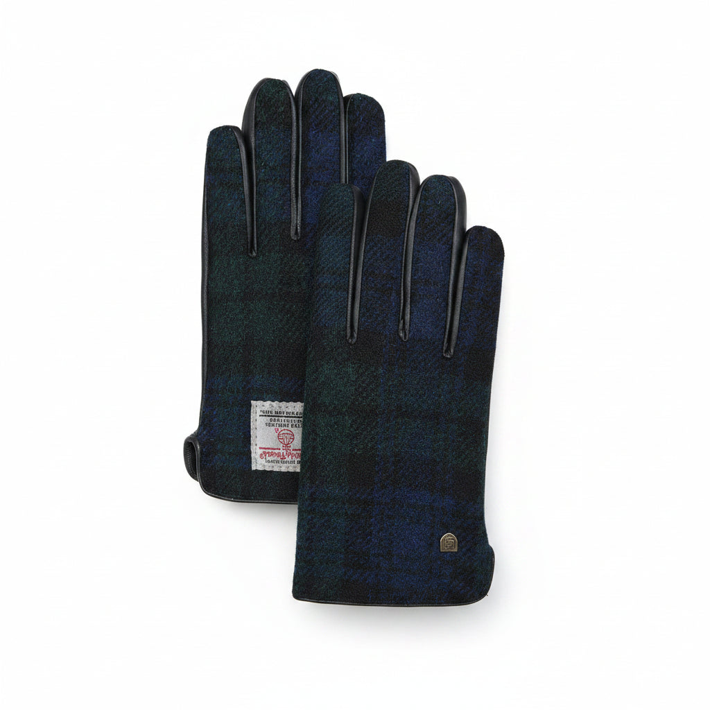 Black Watch tartan Harris Tweed men's gloves, pair shown flat