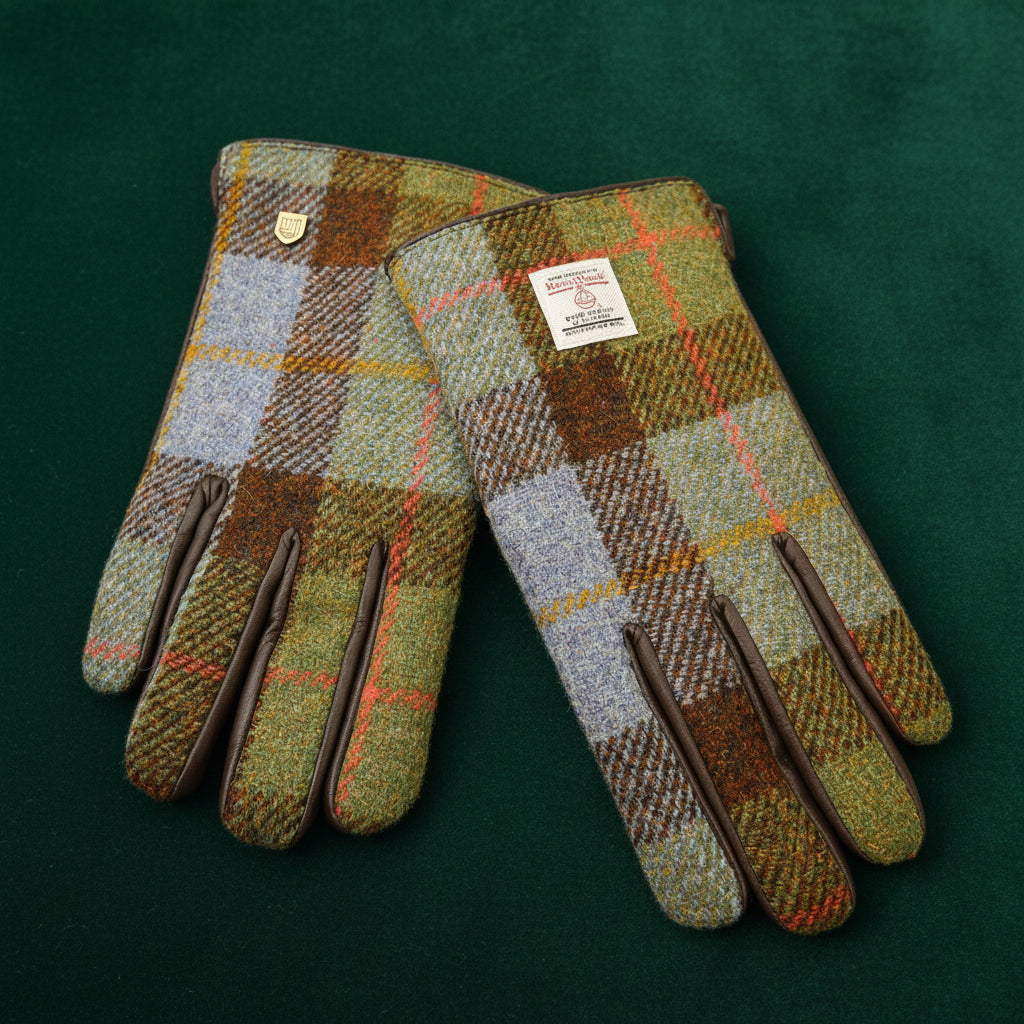 Chestnut and blue tartan Harris Tweed men's gloves styled for winter